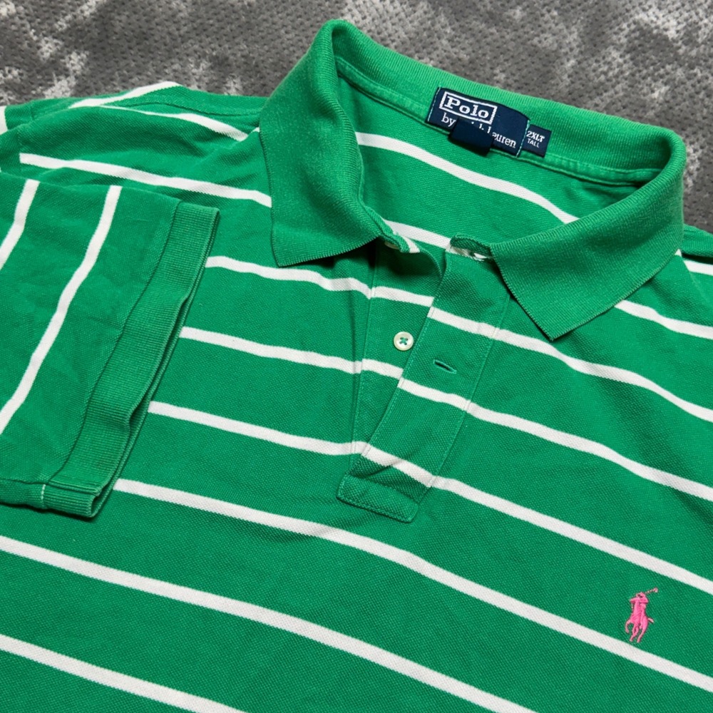 Polo Ralph Lauren Mens 2XLT Green White Striped Short Sleeve Polo Shirt Pink